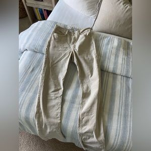 Khaki high rise straight leg jeans with slit at bottom